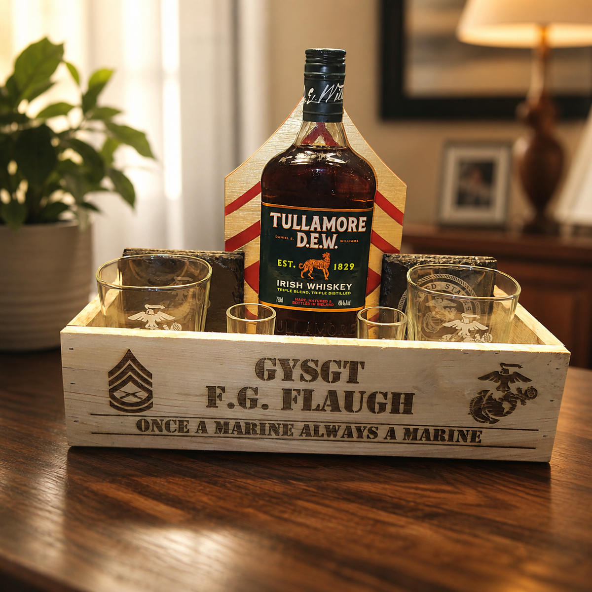 Gift Basket - Rustic wood box with wood engraved glasses