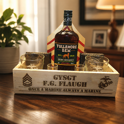 Gift Basket - Rustic wood box with wood engraved glasses