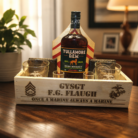 Gift Basket - Rustic wood box with wood engraved glasses